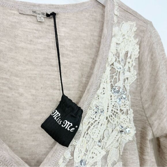 Miss Me Tan Gray Ombré V Neck Lace Trim Rhinestone Jersey Stretch Cardigan NEW - Picture 10 of 16